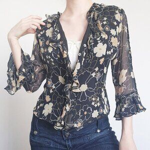 Vintage Y2K silk black & neutral tones frilly floral blouse with ruffles